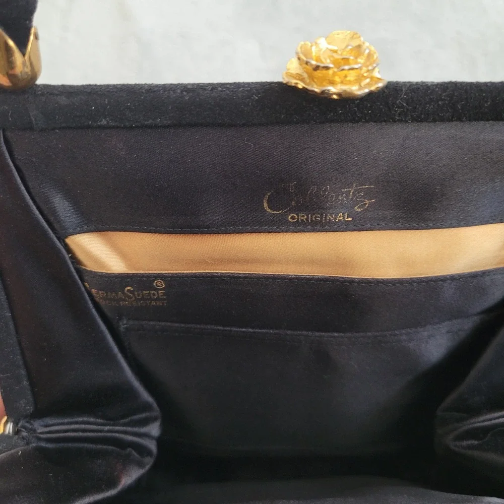 Vintage 60s Coblentz perma‎ suede black satchel handbag purse gold rose detail